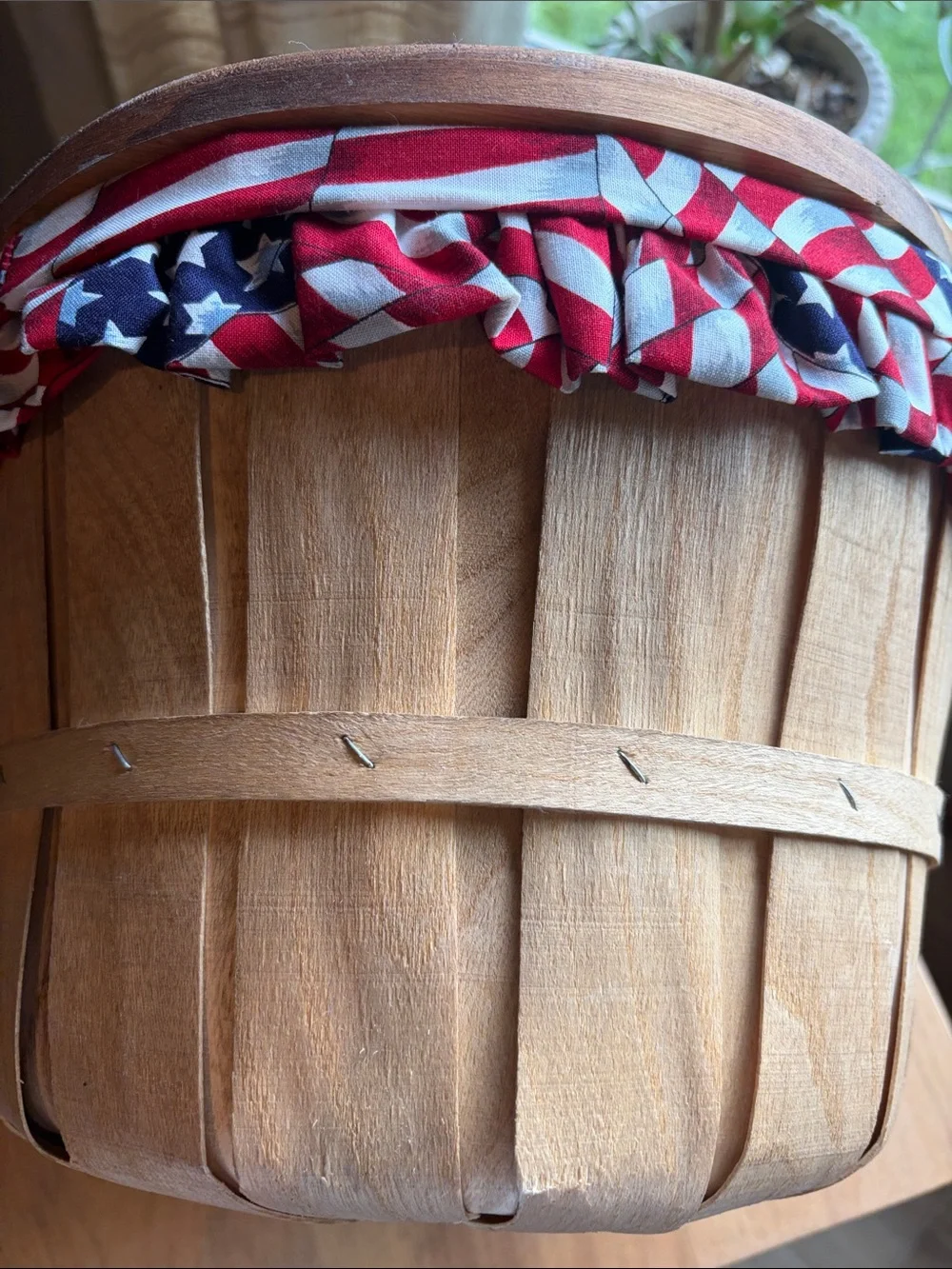Vintage Wood Double Lid Barrel Weave Basket Lined Flag Heart